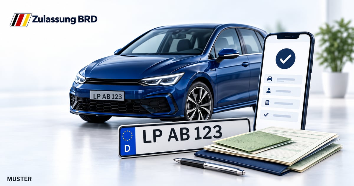 Online Fahrzeugzulassung in Lippstadt: Musterkennzeichen LP AB 123, Auto und Fahrzeugpapiere und Smartphone. Illustration mit Logo von Zulassung BRD.